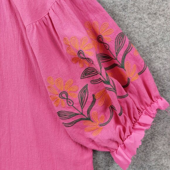 Umgee Womens Boho Peasant Top Sz Large Pink Embroidered Floral Blouse Cotton - Picture 10 of 12